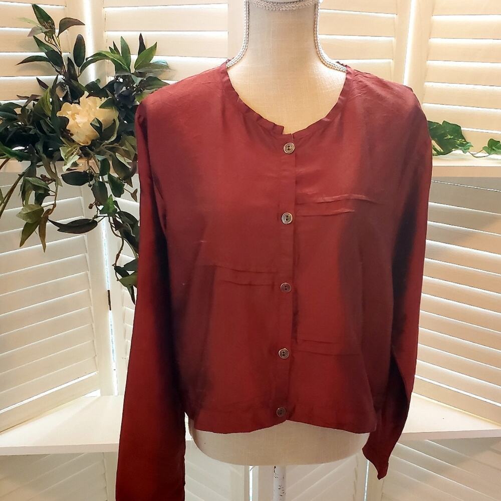 FLAX BURNT ORANGE SHIMMER BUTTON  SILK BLOUSE MED